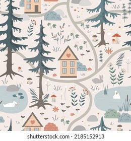 Cute seamless pattern with forest landscape elements. Cartoon animals, lake, houses, trees and flowers. Scandinavian vector background.