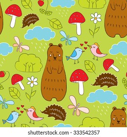 Cute seamless pattern with forest life. Vector illustration with the image of bear, birds, hedgehog, mushrooms and flowers. Bright pattern for textiles, children's postcards and save the date. 