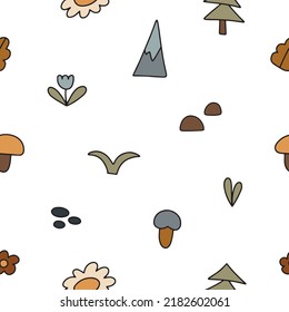 Cute seamless pattern with forest motifs in a flat style. vector illustration isolated on white background for your design.