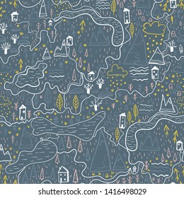 Cute seamless pattern with forest and mountains, village map. Europe nature landscape concept. Vector Doodle in the Scandinavian style hand-drawn illustration for kids fabric, nursery textile