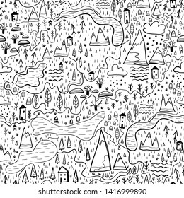 Cute seamless pattern with forest and mountains, village map. Europe nature landscape concept. Vector Doodle in the Scandinavian style hand-drawn illustration for kids fabric, nursery textile