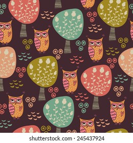 Cute seamless pattern with forest owls, mushrooms and trees. Children's cartoon illustration vector