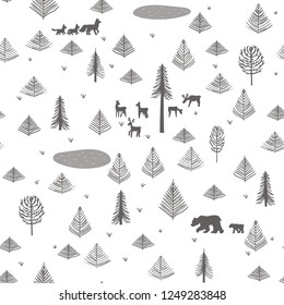 Cute seamless pattern with forest. Trees, pines, spruce, bears, Fox, deer. Silhouette pattern. Vector illustration in flat design.
