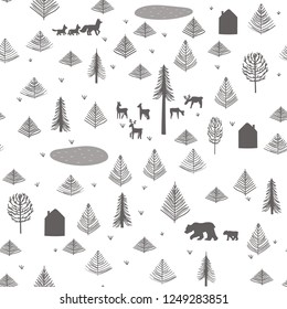 Cute seamless pattern with forest. Trees, pines, spruce, bears, Fox, deer, house. Silhouette pattern. Vector illustration in flat design.
