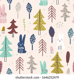 Cute seamless pattern with forest, trees and funny rabbit. Vector texture in childish style great for fabric and textile, wallpapers, backgrounds. Pastel colors.