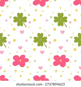 Cute seamless pattern with four-leaf clovers, pink flowers, hearts, and stars. Whimsical spring background. This whimsical flat vector illustration has a pastel color palette. A cheerful, lucky design for fabric or wallpa