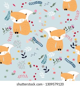 Cute seamless pattern of fox Animals on blue Background. for fabric,textile printed,scrapbooking,baby or kids  stationary, and home decoration items,nursery childish style,freehand illustration vector