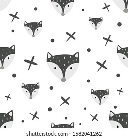 Cute seamless pattern with fox and another abstract elements in cartoon style, isolated vector illustration on white background