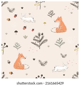 Cute seamless pattern with fox, bunny, mushrooms and trees. Hand drawn vector illustration.