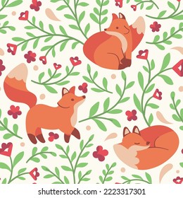 Cute seamless pattern with fox and floral elements. Vector illustration with cartoon drawings for print, fabric, textile.