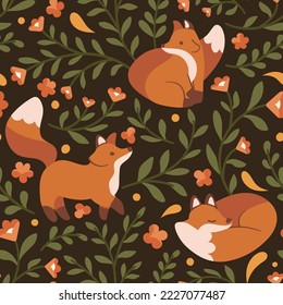 Cute seamless pattern with fox and floral elements. Vector illustration with cartoon drawings for print, fabric, textile.