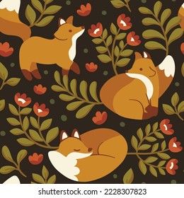Nahtloses Muster mit Fuchs- und Blumenelementen. Vektorgrafik mit Cartoon-Zeichnungen für Druck, Stoff, Textilien.
