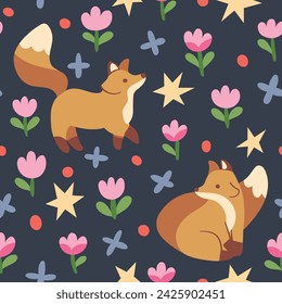 Cute seamless pattern with fox and floral elements. Vector illustration with cartoon drawings for print, fabric, textile.