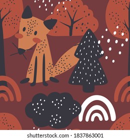 Cute seamless pattern with a fox in the forest for a little boy. Foxy endless background, texture. Children's background. Foxes and floral elements drawing. Vector illustration