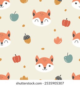 Cute seamless pattern with fox and fruit elements. seamless texture for textile, fabric, apparel, wrapping, paper, stationery, nursery, baby product