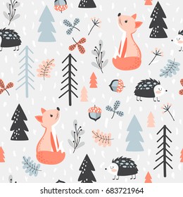 Cute seamless pattern with fox and hedgehog in forest. Vector illustration in cartoon style.