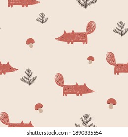 Cute seamless pattern with fox, mushrooms and trees. Hand drawn vector illustration.