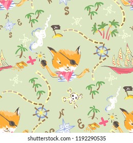 Cute seamless pattern with fox, ships and pirates. Vector baby design for fashion apparels, t shirt, stickers and printed tee design.