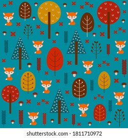 Cute seamless pattern fox in woodland. Teal background. Red, orange, yellow, brown, autumnal colors. Little fox cartoon style. Stylized trees and mushrooms. Scandinavian design. Kids paper or fabric.