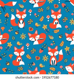 Cute seamless pattern with foxes in the autumn forest. Vector illustration.