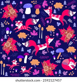 Cute seamless pattern with foxes and mushrooms in autumn forest. Print for fabric.