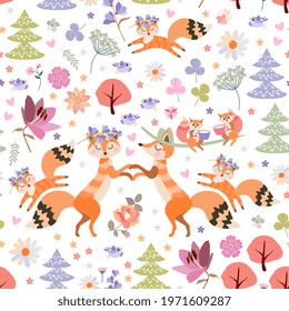 Cute seamless pattern with foxes, squirrels and birds in fairytale forest with trees and flowers. Beautiful print for fabric, textile, wallpaper.