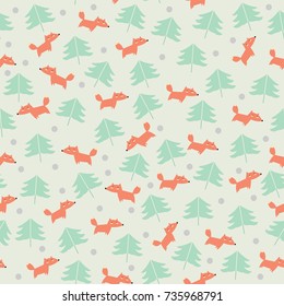Cute seamless pattern with foxes and trees. Children's background.