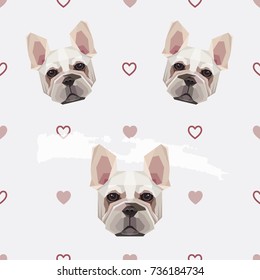 Cute seamless pattern with french bulldog and little pink hearts isolated on light background