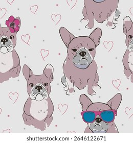 Padrão perfeito bonito de Bulldogs franceses em óculos de sol e flores, com corações e pontos em um fundo cinza. Divertido e elegante design com tema de cão para crianças têxteis ou papéis de parede