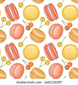 Cute seamless pattern with french cookies macaroons and cherries on white background. Suitable for packaging, fabric or napkins and menus decoration. Vector eps 10 illustration in cartoon style