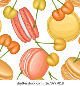 Cute seamless pattern with french cookies macaroons and cherries on white background. Suitable for packaging, fabric or napkins and menus decoration. Vector eps 10 illustration in cartoon style