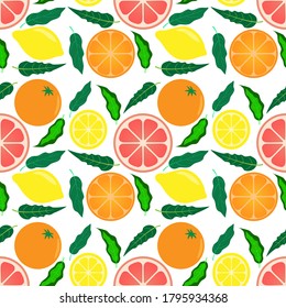 Cute seamless pattern with fresh citrus fruits on white background. Lemon, orange, grapefruit in leaves. Lemonade ingredients for fabric, drawing labels, print on t-shirt, wallpaper etc.