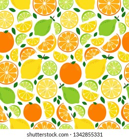 Cute Seamless Pattern with Fresh Lemonade ingredients Citrus Fruits Lemon, Lime and Orange in vivid tasty colors