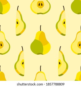 Cute seamless pattern of fresh pear halves and sliced isolated on light background. Food or drink fruit concept. Stock vector illustration for textile print, wrapping paper, wallpaper backdrop