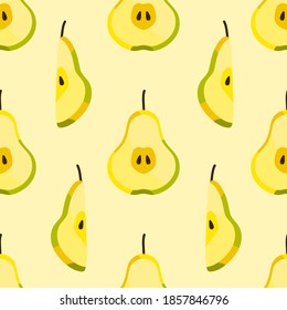 Patrón transparente de mitades frescas de pera y aislado en rodajas sobre fondo claro. El concepto de la comida o de la bebida. Ilustración vectorial de material para impresión textil, papel de envoltura, fondo de papel tapiz