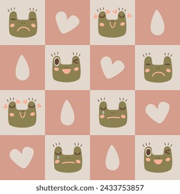 Cute seamless pattern with frog character with different emotions vector illustration