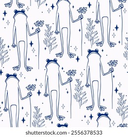 Cute Seamless Pattern with Frogs Holding Flowers. Hand-Drawn Fun Vector background