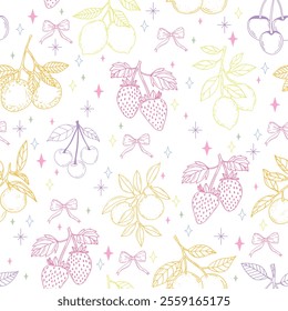 Cute Seamless Pattern with Fruit, Berries, Citrus, and Bows Including Strawberries, Lemons, Oranges, and Clementines. Hand-Drawn Vector background