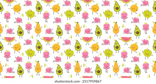 Cute seamless pattern of fruit funny character