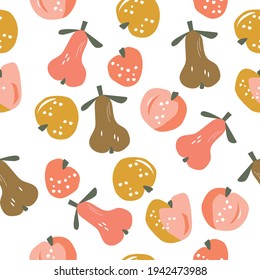 Cute seamless pattern from fruits. Vector illustration of pears and peaches on a white background 