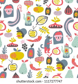 Cute seamless pattern with fruits, vegetables, faces, kettle and dog. Illustration with harvest. Great for fabrics, textiles, print, wrapping paper, wallpaper