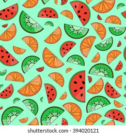 Cute seamless pattern with fruits watermelon, orange and kiwi slices. Stylish abstract geometric background. Vector illustration. Simple ornament.