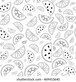 Cute seamless pattern with fruits watermelon, orange and kiwi slices. Stylish abstract geometric background. Vector illustration. Simple ornament.