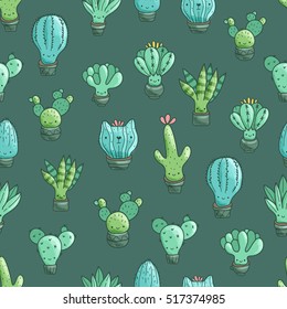 Cute seamless pattern with funny adorable cactus and succulents characters. 