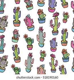 Cute seamless pattern with funny adorable cactus and succulents characters. Cartoon style. Creative colorful childish design on white background. Abstract repeated backdrop for child, girls, fashion 