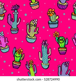 Cute seamless pattern with funny adorable cactus and succulents characters. Cartoon style. Creative colorful childish design on pink background. Abstract repeated backdrop for child, girls, fashion