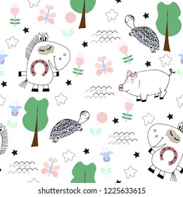 Cute seamless pattern with funny animals turtle, horse, pig. Creative texture for fabric, wrapping, textile, wallpaper, cards, baby shower, invitations, party, banners, kindergarten room decoration. 