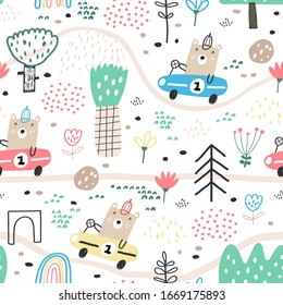 Cute seamless pattern with funny bear driver. Perfect for kids apparel, fabric, textile, nursery decoration, wrapping paper. Childish vector background. Summer background.