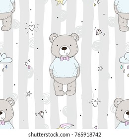 Cute seamless pattern with funny bear. vector illustration.