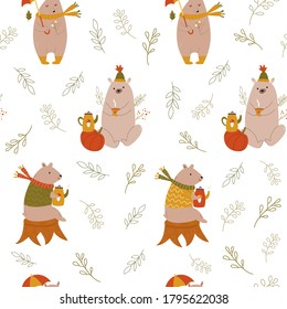 Patrón impecable con graciosos osos osos osos, teacups, teteras y paraguas. Vibes otoñales, ilustración vectorial.